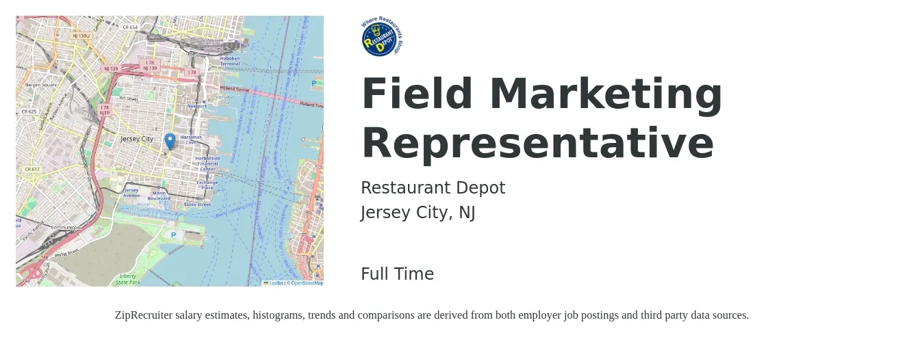 Restaurant Depot job posting for a Field Marketing Representative in Jersey City, NJ with a salary of $44,700 to $54,600 Yearly with a map of Jersey City location.