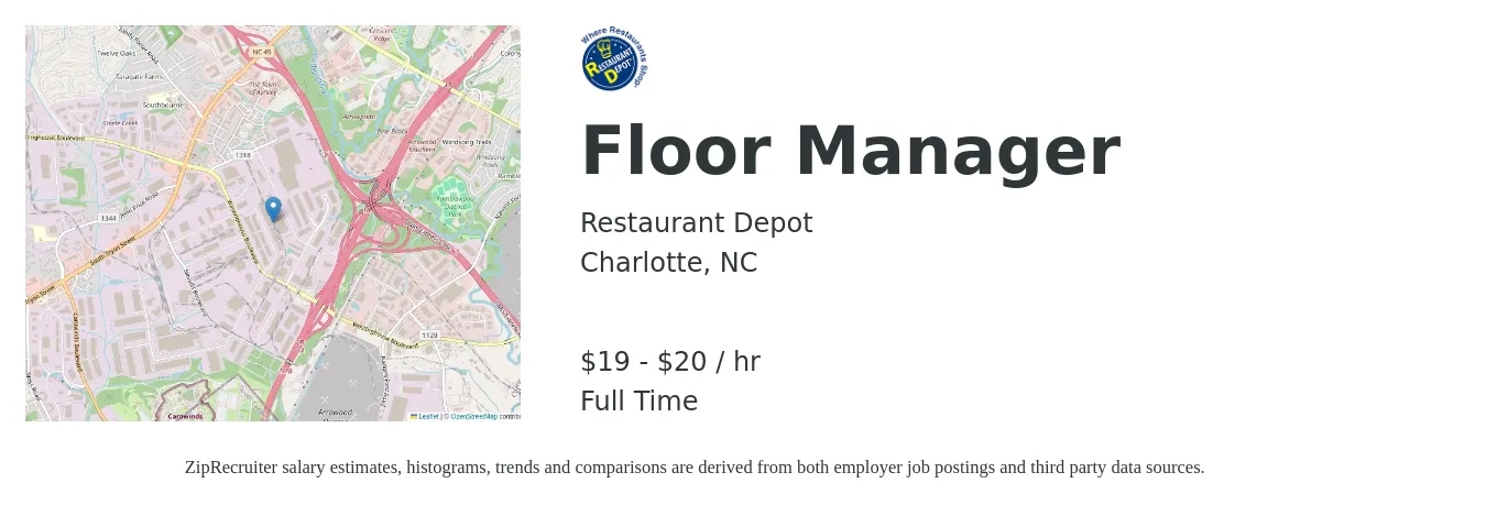 Restaurant Depot job posting for a Floor Manager in Charlotte, NC with a salary of $21 to $21 Hourly with a map of Charlotte location.