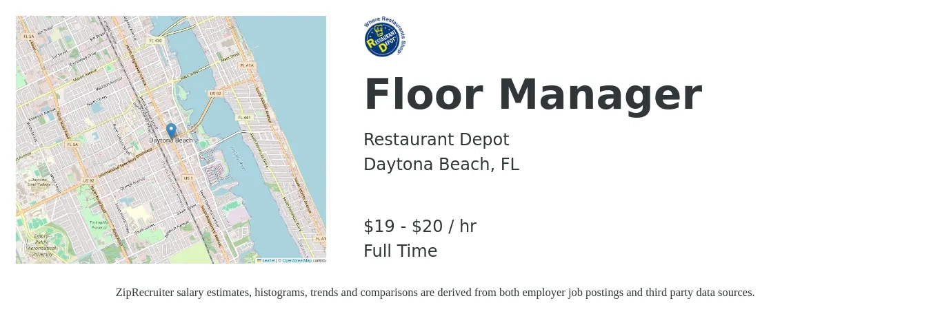 Restaurant Depot job posting for a Floor Manager in Daytona Beach, FL with a salary of $21 to $21 Hourly with a map of Daytona Beach location.