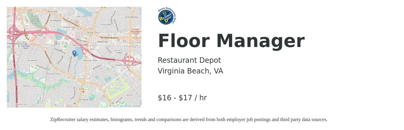 Restaurant Depot job posting for a Floor Manager in Virginia Beach, VA with a salary of $21 to $21 Hourly with a map of Virginia Beach location.