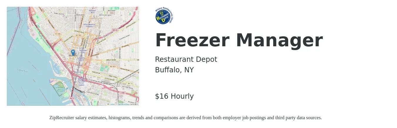 Restaurant Depot job posting for a Freezer Manager in Buffalo, NY with a salary of $17 to $18 Hourly with a map of Buffalo location.