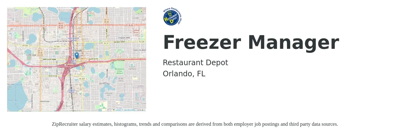 Restaurant Depot job posting for a Freezer Manager in Orlando, FL with a salary of $17 to $20 Hourly with a map of Orlando location.