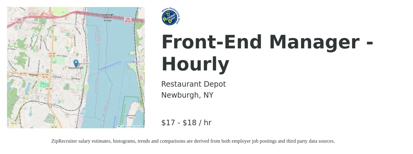 Restaurant Depot job posting for a Front-End Manager - Hourly in Newburgh, NY with a salary of $18 to $19 Hourly with a map of Newburgh location.