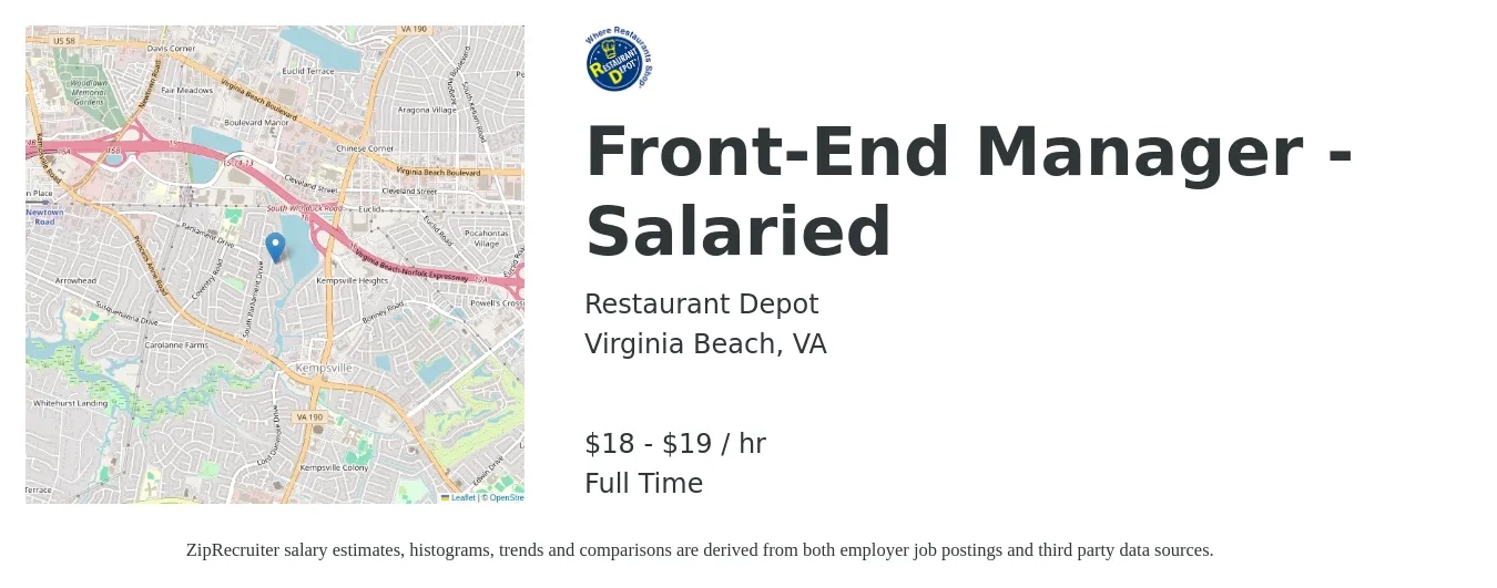 Restaurant Depot job posting for a Front-End Manager - Salaried in Virginia Beach, VA with a salary of $20 to $20 Hourly with a map of Virginia Beach location.
