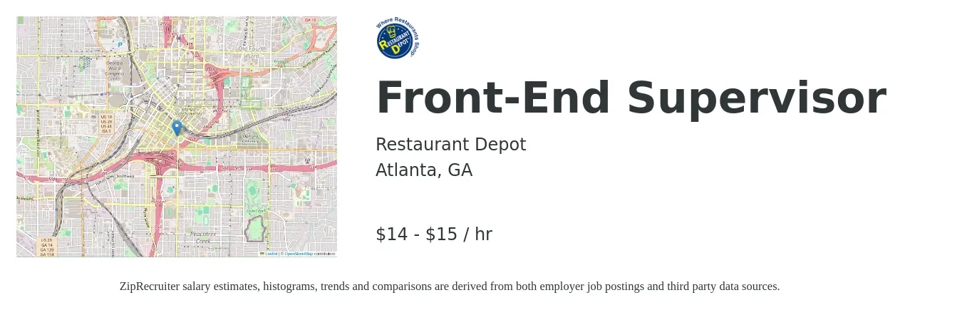 Restaurant Depot job posting for a Front-End Supervisor in Atlanta, GA with a salary of $15 to $16 Hourly with a map of Atlanta location.