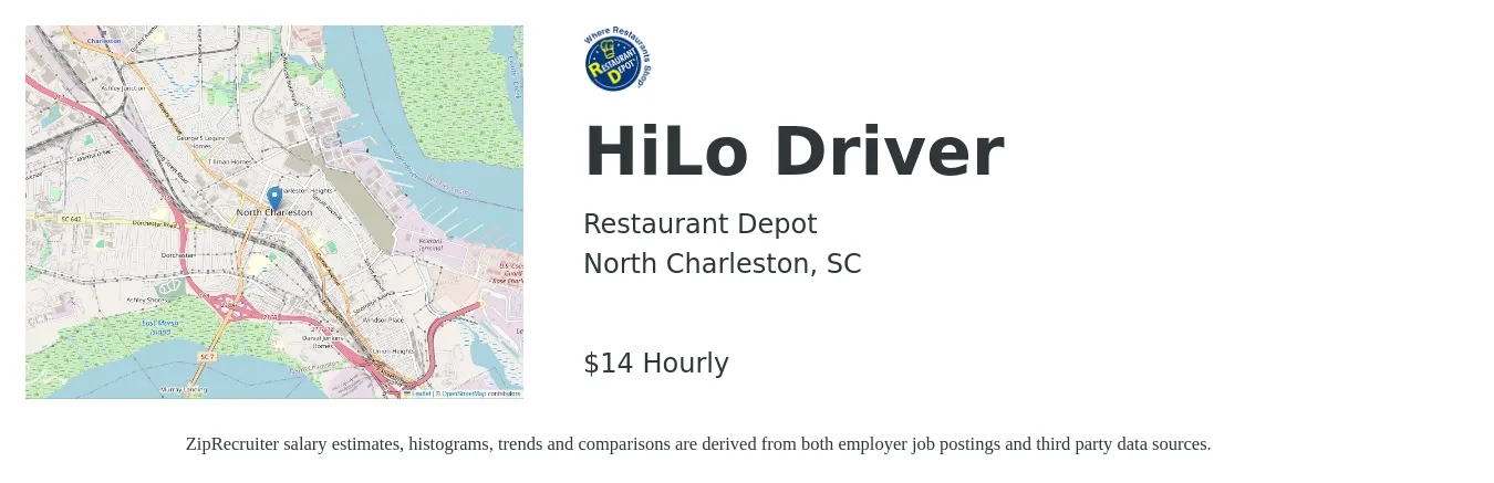 Restaurant Depot job posting for a HiLo Driver in North Charleston, SC with a salary of $15 to $15 Hourly with a map of North Charleston location.