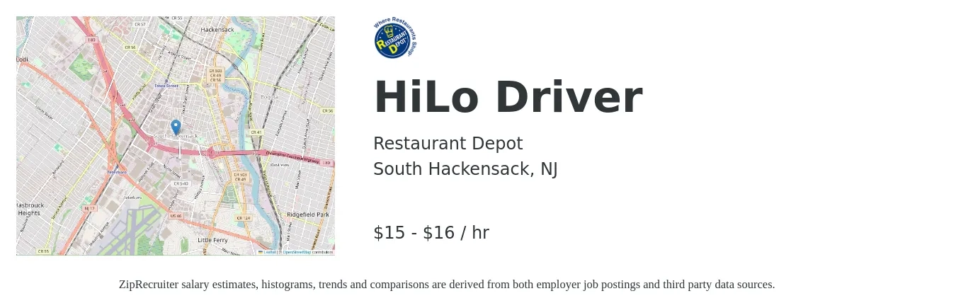 Restaurant Depot job posting for a HiLo Driver in South Hackensack, NJ with a salary of $17 to $17 Hourly with a map of South Hackensack location.