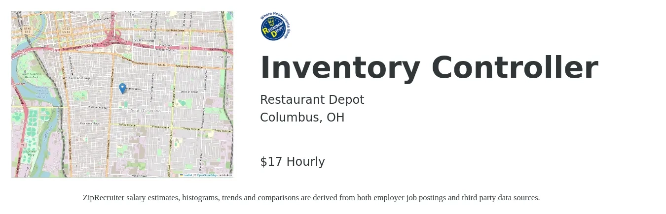Restaurant Depot job posting for a Inventory Controller in Columbus, OH with a salary of $18 to $18 Hourly with a map of Columbus location.
