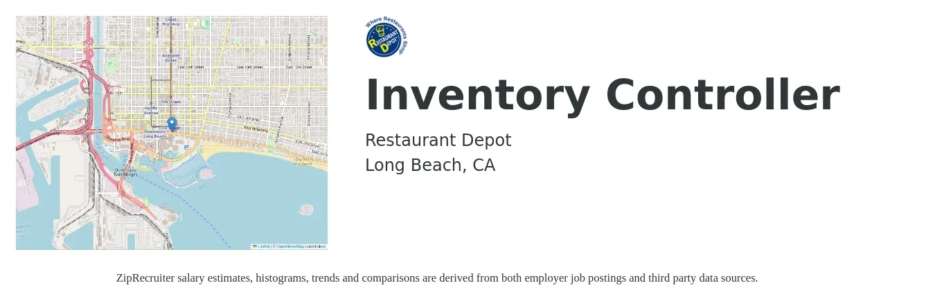 Restaurant Depot job posting for a Inventory Controller in Long Beach, CA with a salary of $19 to $25 Hourly with a map of Long Beach location.