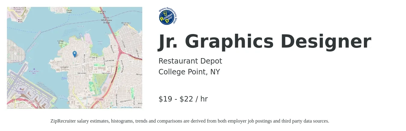 Restaurant Depot job posting for a Jr. Graphics Designer in College Point, NY with a salary of $20 to $23 Hourly with a map of College Point location.