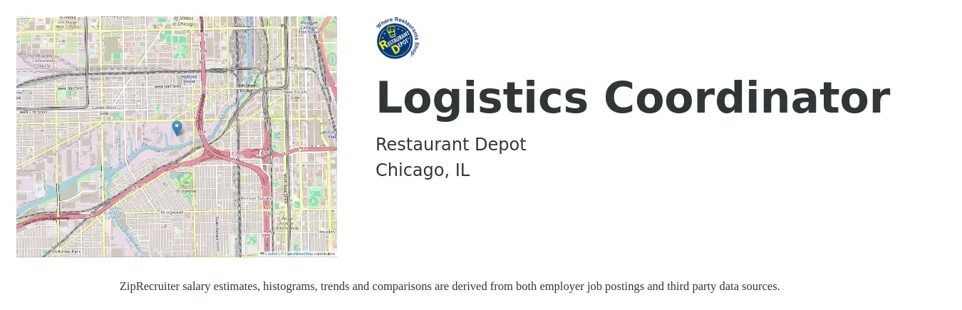 Restaurant Depot job posting for a Logistics Coordinator in Chicago, IL with a salary of $20 to $26 Hourly with a map of Chicago location.