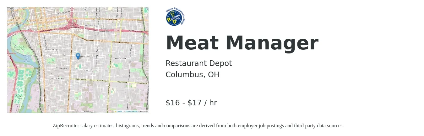Restaurant Depot job posting for a Meat Manager in Columbus, OH with a salary of $18 to $18 Hourly with a map of Columbus location.