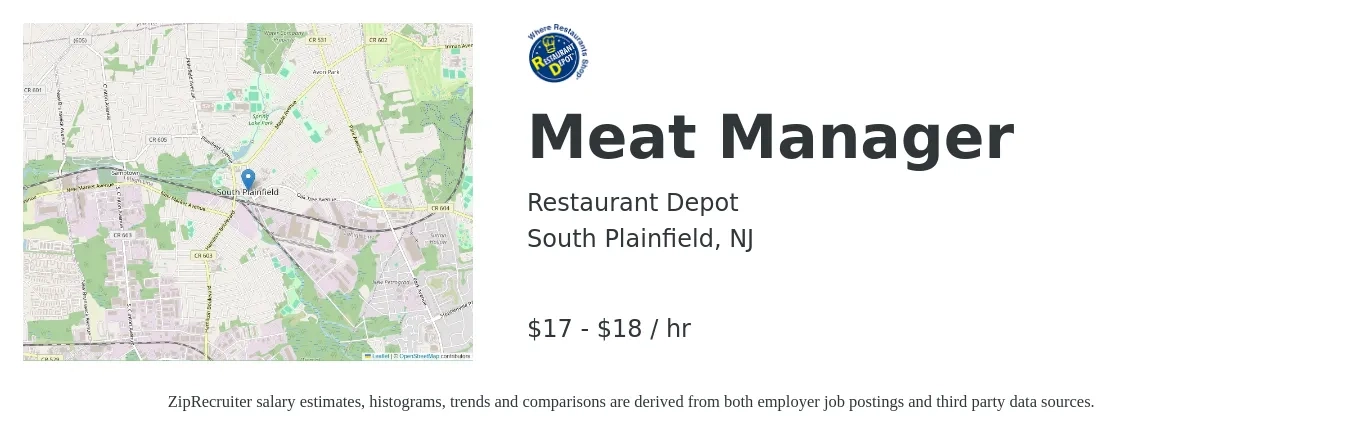 Restaurant Depot job posting for a Meat Manager in South Plainfield, NJ with a salary of $19 to $19 Hourly with a map of South Plainfield location.