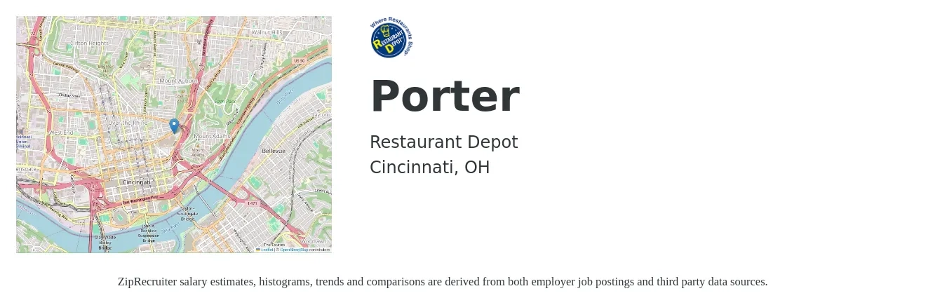 Restaurant Depot job posting for a Porter in Cincinnati, OH with a salary of $13 to $16 Hourly with a map of Cincinnati location.