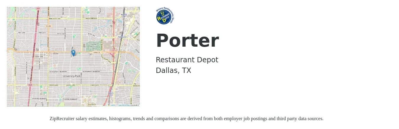 Restaurant Depot job posting for a Porter in Dallas, TX with a salary of $14 to $18 Hourly with a map of Dallas location.
