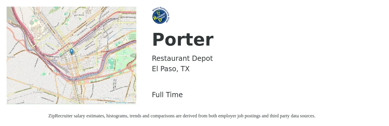 Restaurant Depot job posting for a Porter in El Paso, TX with a salary of $11 to $14 Hourly with a map of El Paso location.