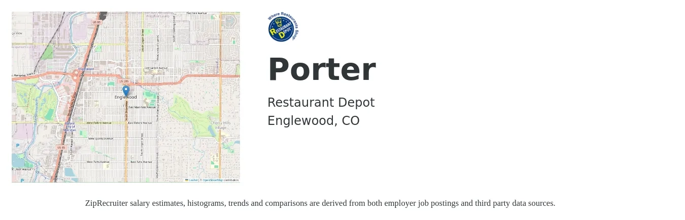Restaurant Depot job posting for a Porter in Englewood, CO with a salary of $14 to $18 Hourly with a map of Englewood location.