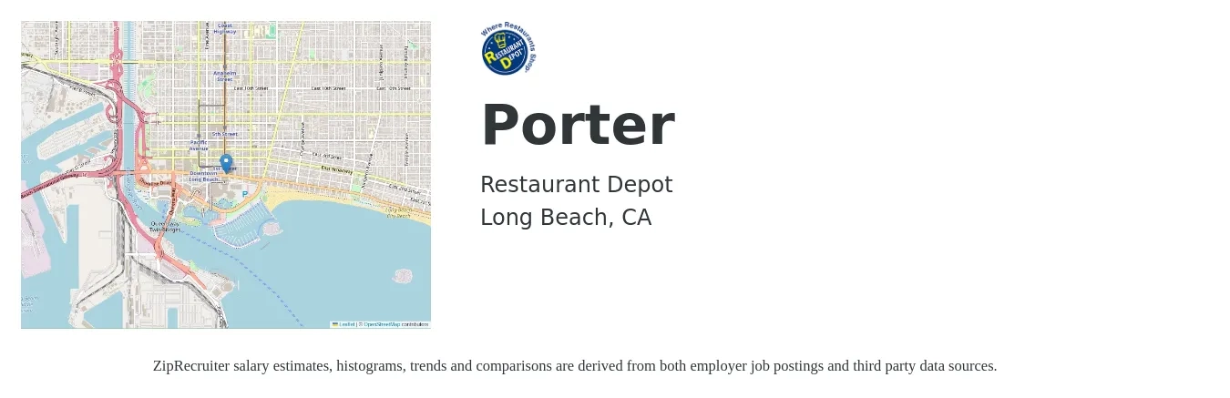 Restaurant Depot job posting for a Porter in Long Beach, CA with a salary of $15 to $19 Hourly with a map of Long Beach location.