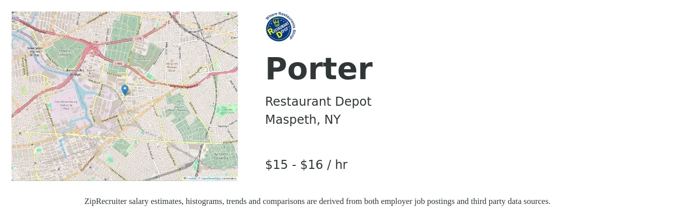 Restaurant Depot job posting for a Porter in Maspeth, NY with a salary of $16 to $17 Hourly with a map of Maspeth location.