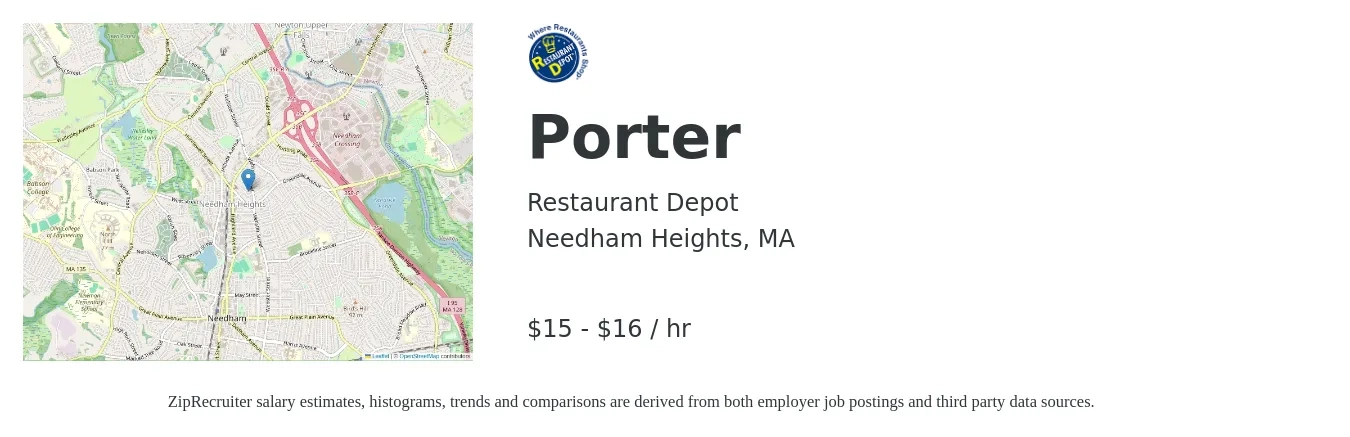 Restaurant Depot job posting for a Porter in Needham Heights, MA with a salary of $16 to $17 Hourly with a map of Needham Heights location.