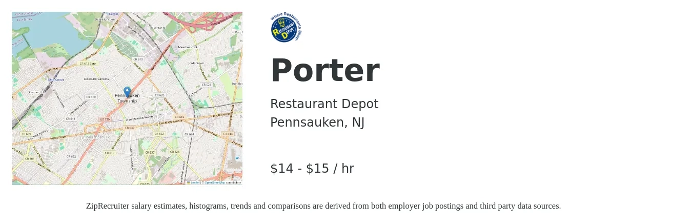Restaurant Depot job posting for a Porter in Pennsauken, NJ with a salary of $15 to $16 Hourly with a map of Pennsauken location.