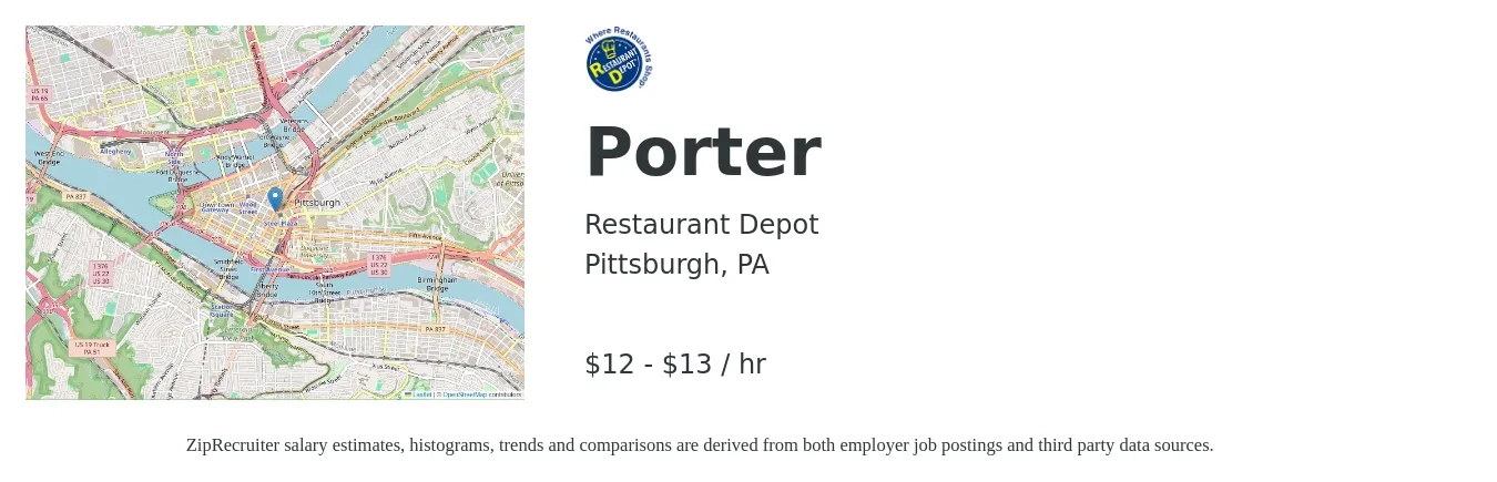 Restaurant Depot job posting for a Porter in Pittsburgh, PA with a salary of $14 to $14 Hourly with a map of Pittsburgh location.