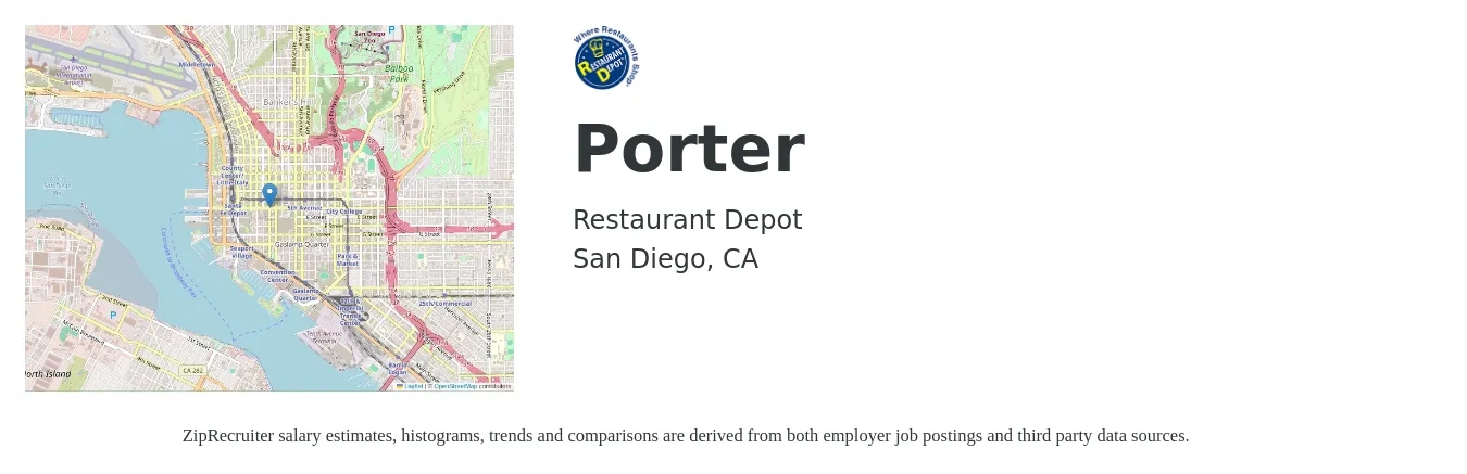 Restaurant Depot job posting for a Porter in San Diego, CA with a salary of $15 to $19 Hourly with a map of San Diego location.