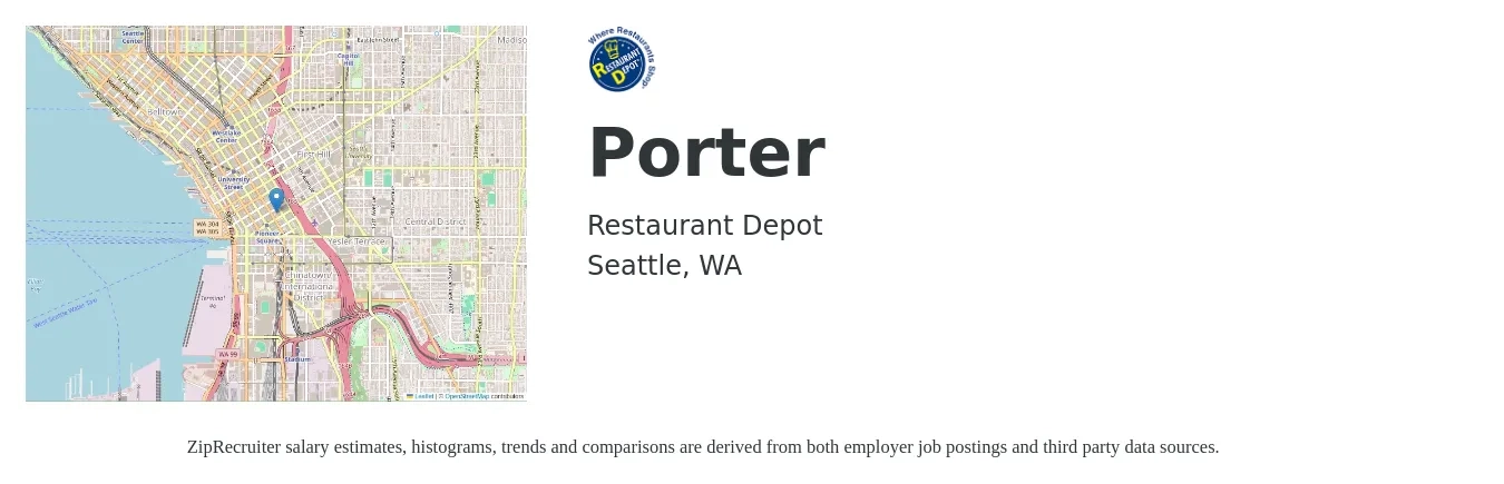 Restaurant Depot job posting for a Porter in Seattle, WA with a salary of $16 to $20 Hourly with a map of Seattle location.