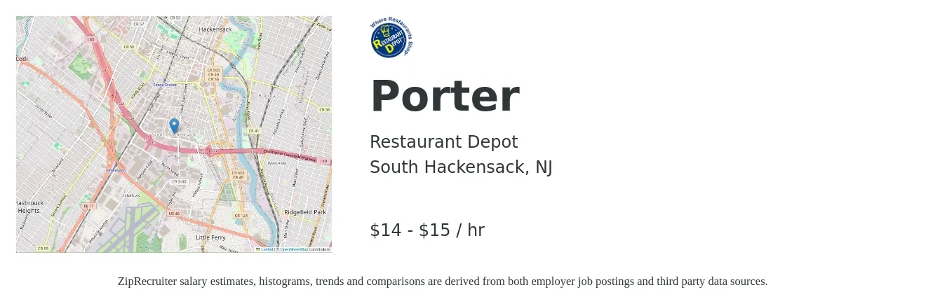 Restaurant Depot job posting for a Porter in South Hackensack, NJ with a salary of $15 to $16 Hourly with a map of South Hackensack location.