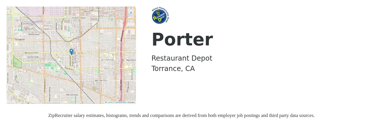 Restaurant Depot job posting for a Porter in Torrance, CA with a salary of $15 to $18 Hourly with a map of Torrance location.