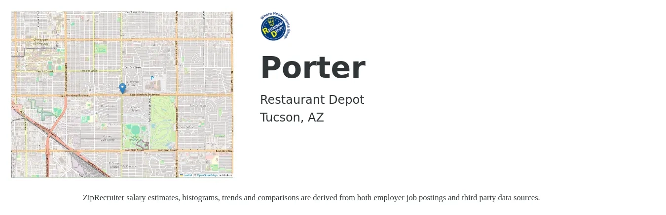 Restaurant Depot job posting for a Porter in Tucson, AZ with a salary of $12 to $15 Hourly with a map of Tucson location.