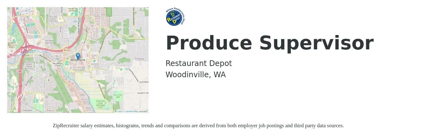 Restaurant Depot job posting for a Produce Supervisor in Woodinville, WA with a salary of $21 to $27 Hourly with a map of Woodinville location.