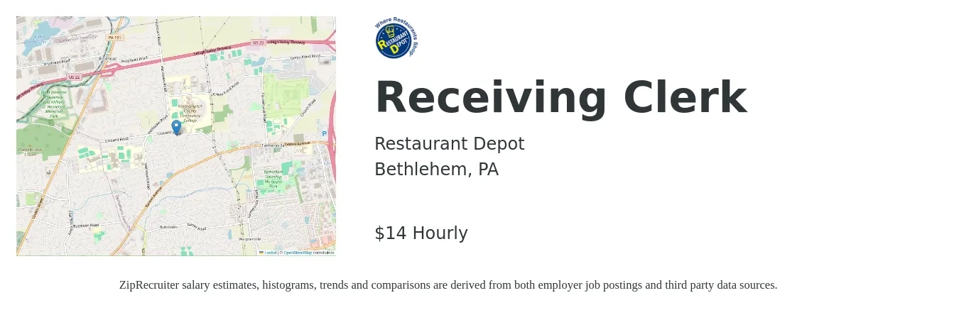 Restaurant Depot job posting for a Receiving Clerk in Bethlehem, PA with a salary of $15 to $15 Hourly with a map of Bethlehem location.