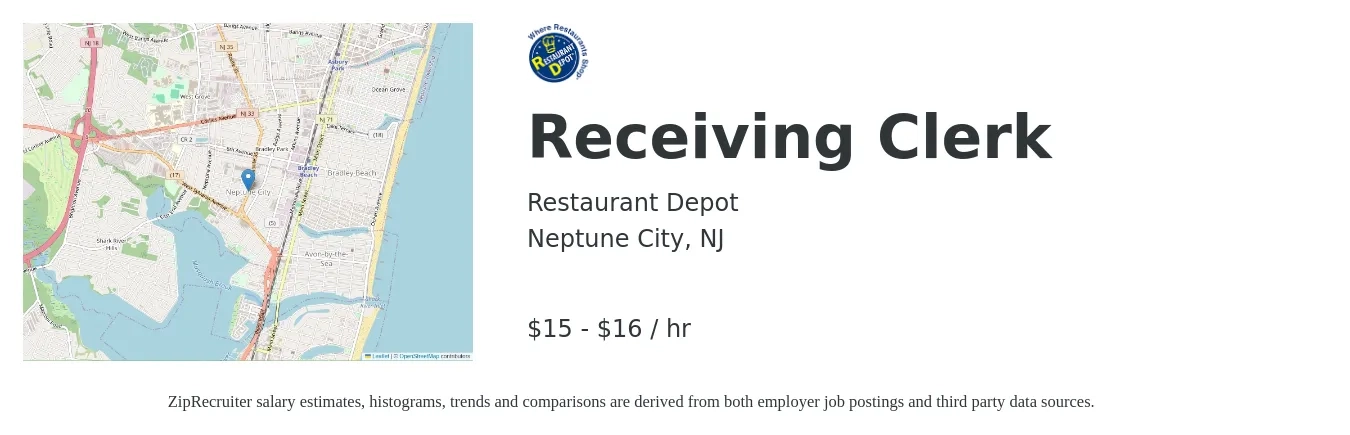 Restaurant Depot job posting for a Receiving Clerk in Neptune City, NJ with a salary of $17 to $17 Hourly with a map of Neptune City location.