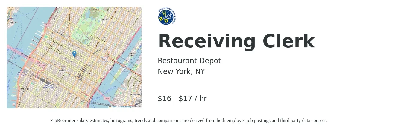Restaurant Depot job posting for a Receiving Clerk in New York, NY with a salary of $18 to $18 Hourly with a map of New York location.