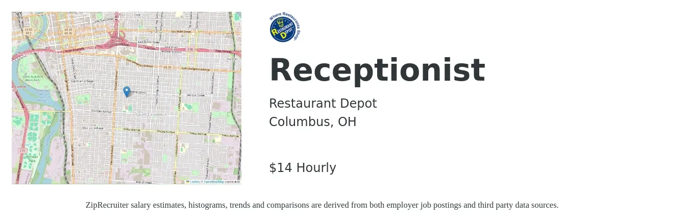 Restaurant Depot job posting for a Receptionist in Columbus, OH with a salary of $15 to $15 Hourly with a map of Columbus location.