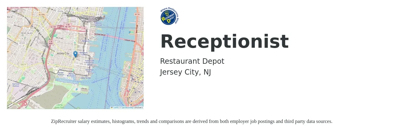 Restaurant Depot job posting for a Receptionist in Jersey City, NJ with a salary of $16 to $22 Hourly with a map of Jersey City location.