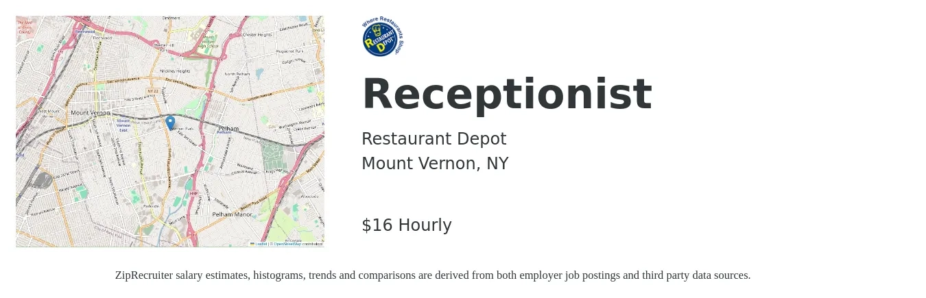 Restaurant Depot job posting for a Receptionist in Mount Vernon, NY with a salary of $17 to $18 Hourly with a map of Mount Vernon location.