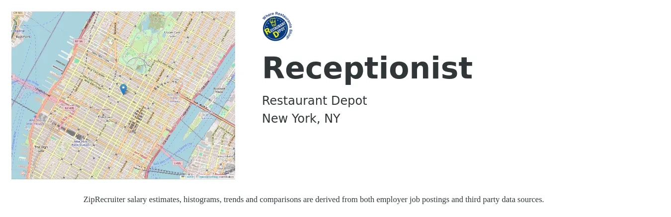 Restaurant Depot job posting for a Receptionist in New York, NY with a salary of $16 to $22 Hourly with a map of New York location.