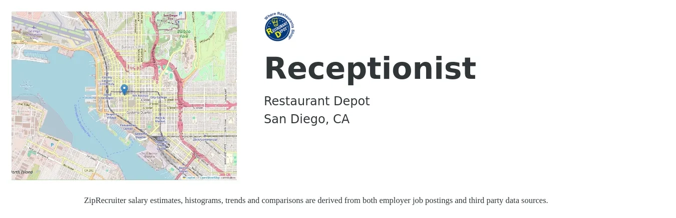 Restaurant Depot job posting for a Receptionist in San Diego, CA with a salary of $17 to $22 Hourly with a map of San Diego location.