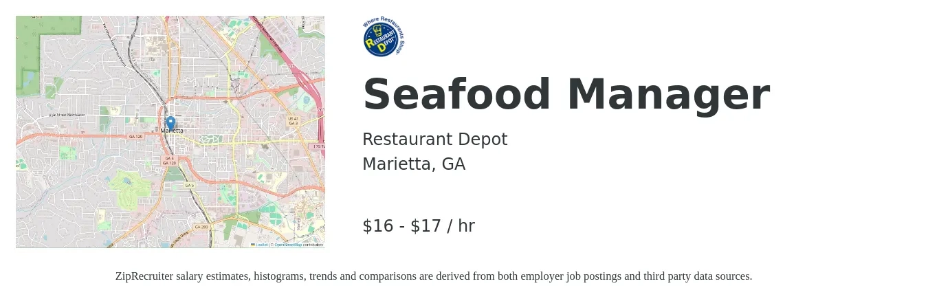 Restaurant Depot job posting for a Seafood Manager in Marietta, GA with a salary of $18 to $18 Hourly with a map of Marietta location.