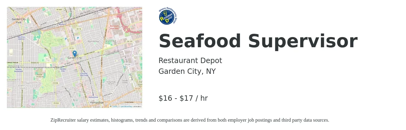 Restaurant Depot job posting for a Seafood Supervisor in Garden City, NY with a salary of $18 to $18 Hourly with a map of Garden City location.