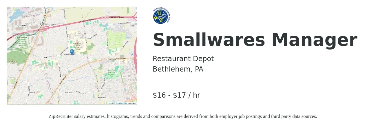 Restaurant Depot job posting for a Smallwares Manager in Bethlehem, PA with a salary of $18 to $18 Hourly with a map of Bethlehem location.