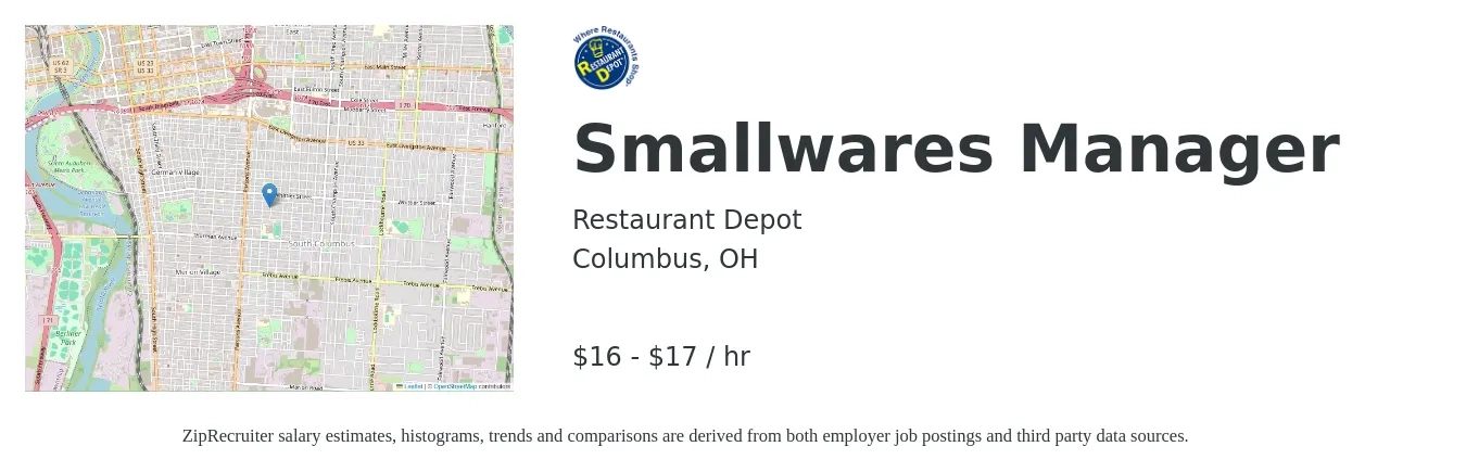 Restaurant Depot job posting for a Smallwares Manager in Columbus, OH with a salary of $18 to $18 Hourly with a map of Columbus location.