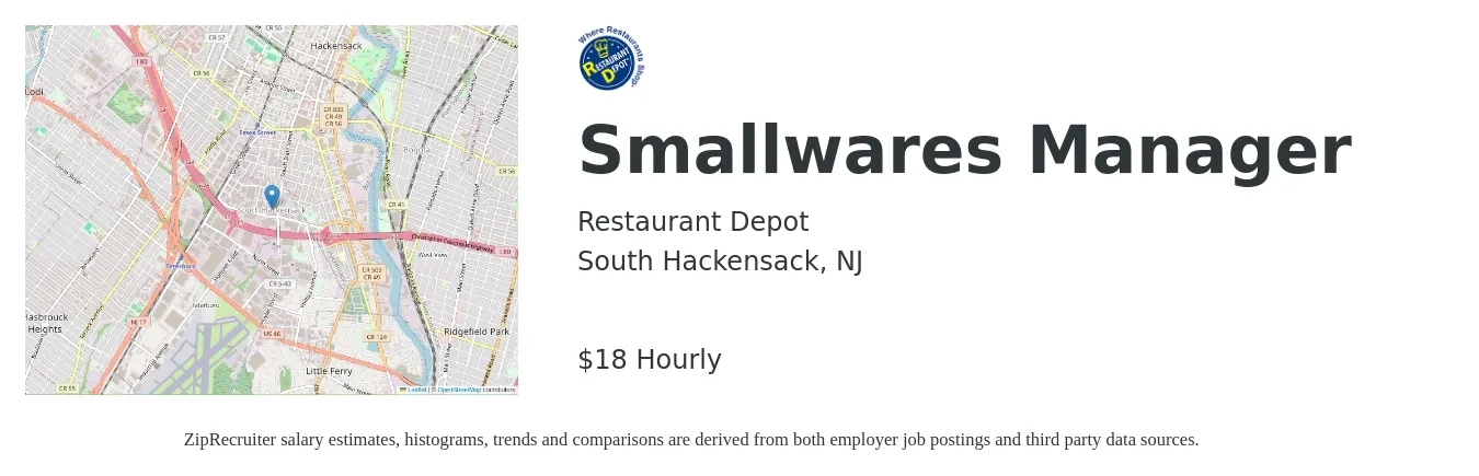 Restaurant Depot job posting for a Smallwares Manager in South Hackensack, NJ with a salary of $19 to $20 Hourly with a map of South Hackensack location.