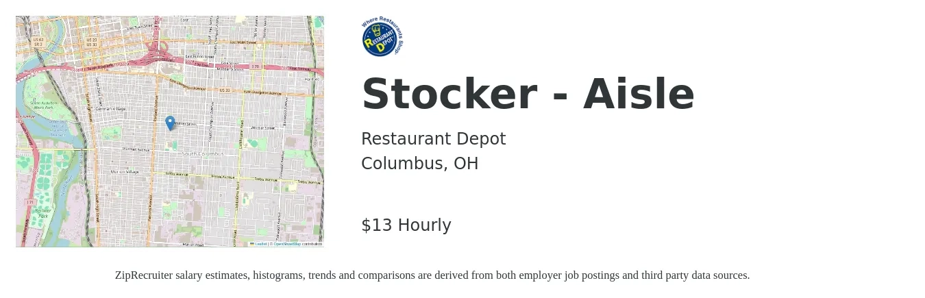 Restaurant Depot job posting for a Stocker - Aisle in Columbus, OH with a salary of $14 to $14 Hourly with a map of Columbus location.