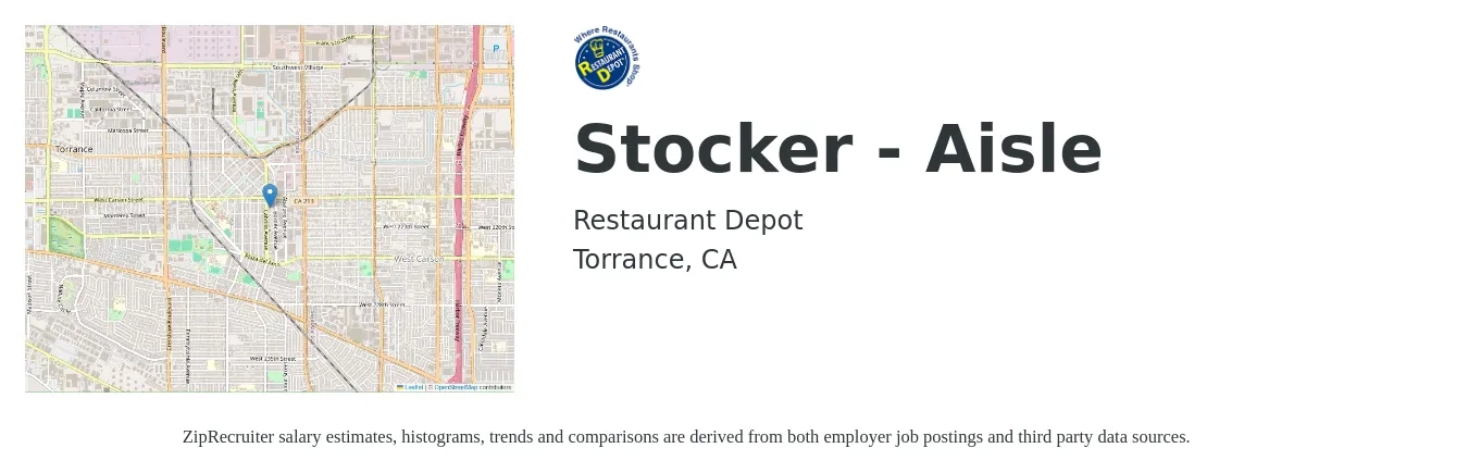 Restaurant Depot job posting for a Stocker - Aisle in Torrance, CA with a salary of $15 to $18 Hourly with a map of Torrance location.