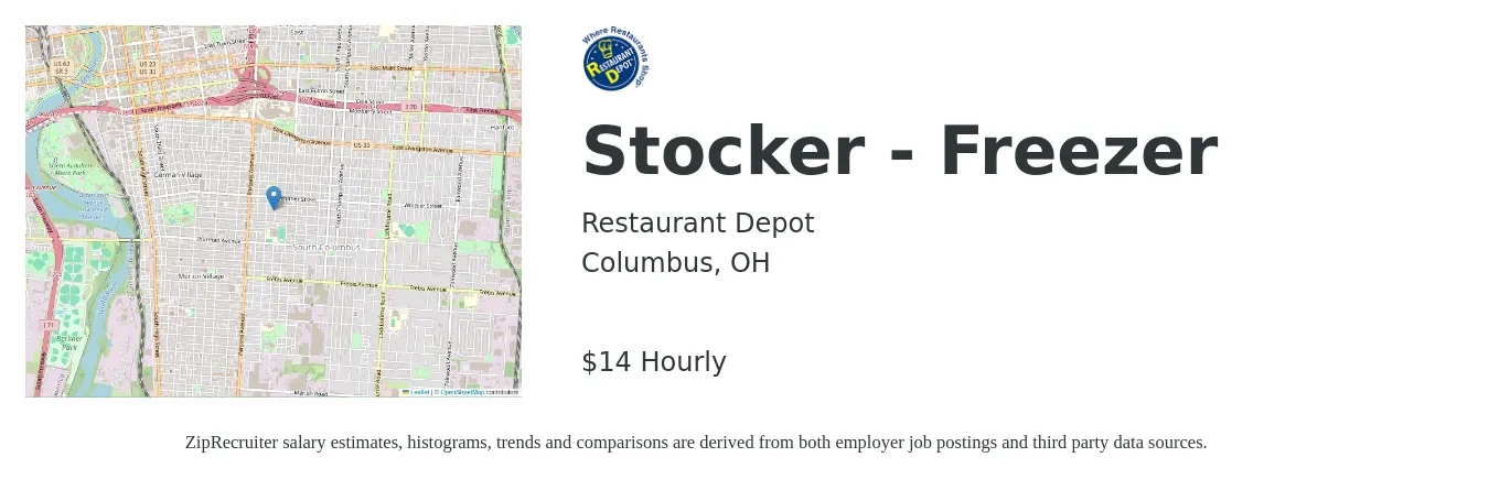 Restaurant Depot job posting for a Stocker - Freezer in Columbus, OH with a salary of $15 to $15 Hourly with a map of Columbus location.