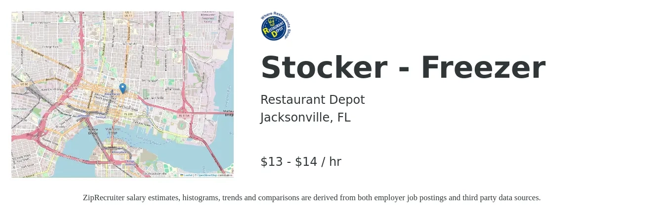 Restaurant Depot job posting for a Stocker - Freezer in Jacksonville, FL with a salary of $14 to $15 Hourly with a map of Jacksonville location.