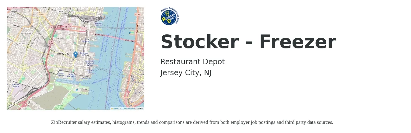 Restaurant Depot job posting for a Stocker - Freezer in Jersey City, NJ with a salary of $15 to $18 Hourly with a map of Jersey City location.